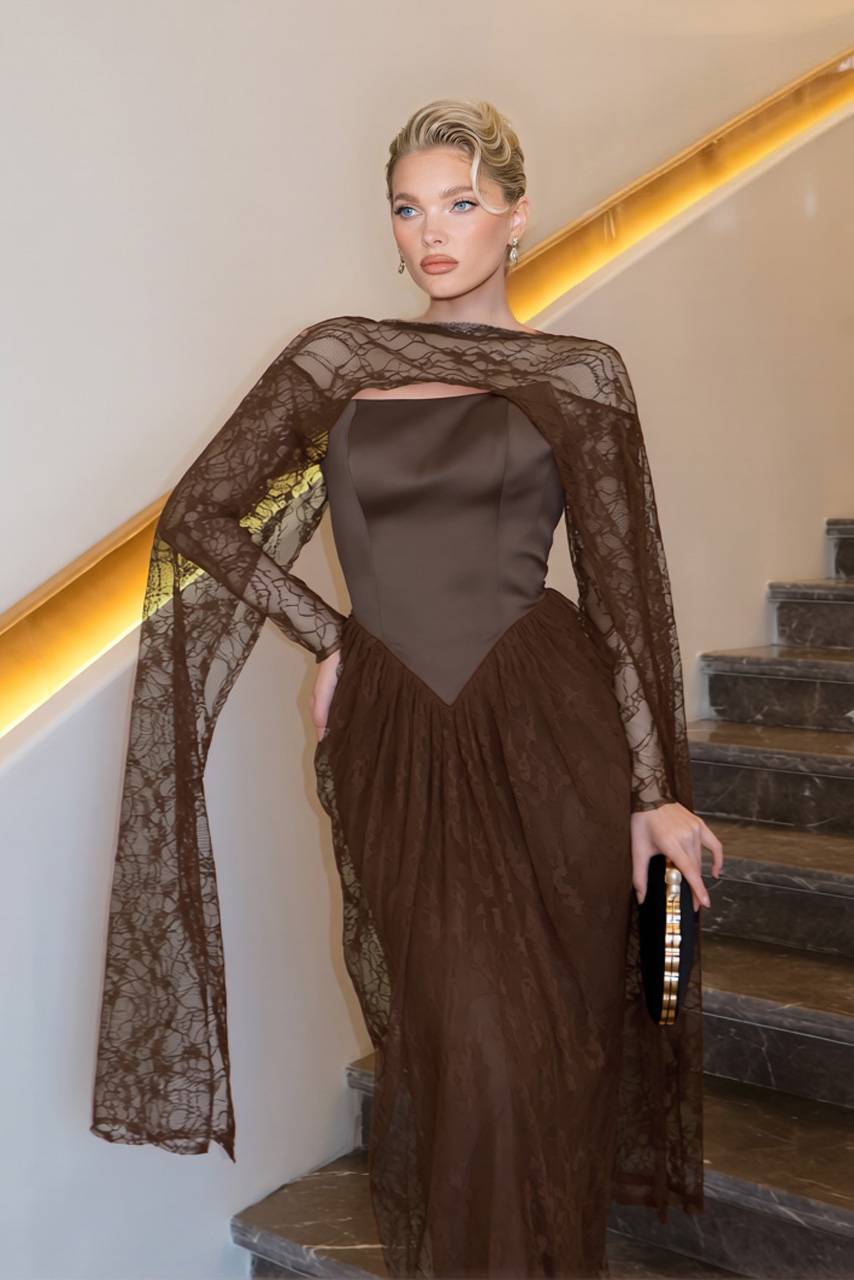 Lace Cape Off-shoulder Long Sleeve Maxi Dress