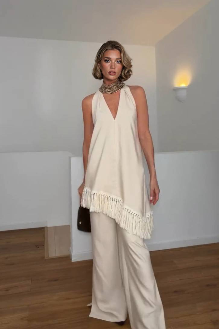 Halter-Neck Tassel Top And Wide Leg Pants Set