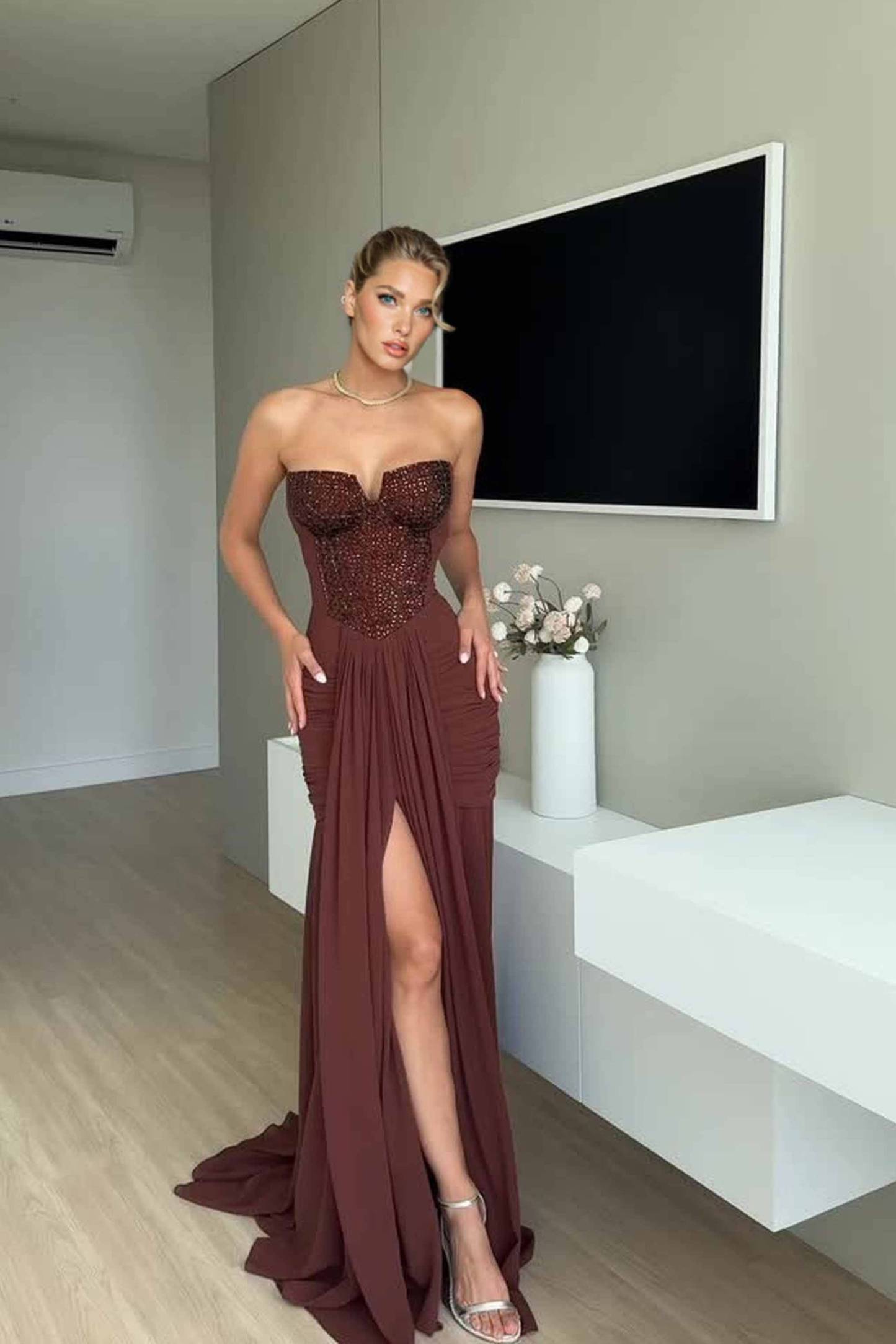 Shiny Slit  Design Maxi Dress