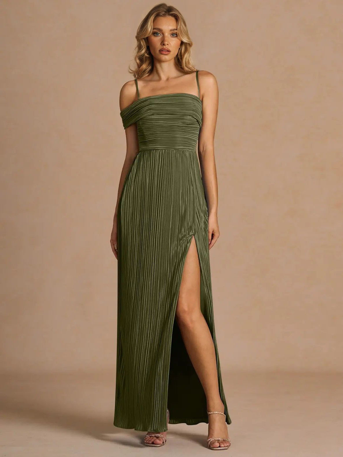 Elegant Off-The-Shoulder Pleated Slit Maxi Dress