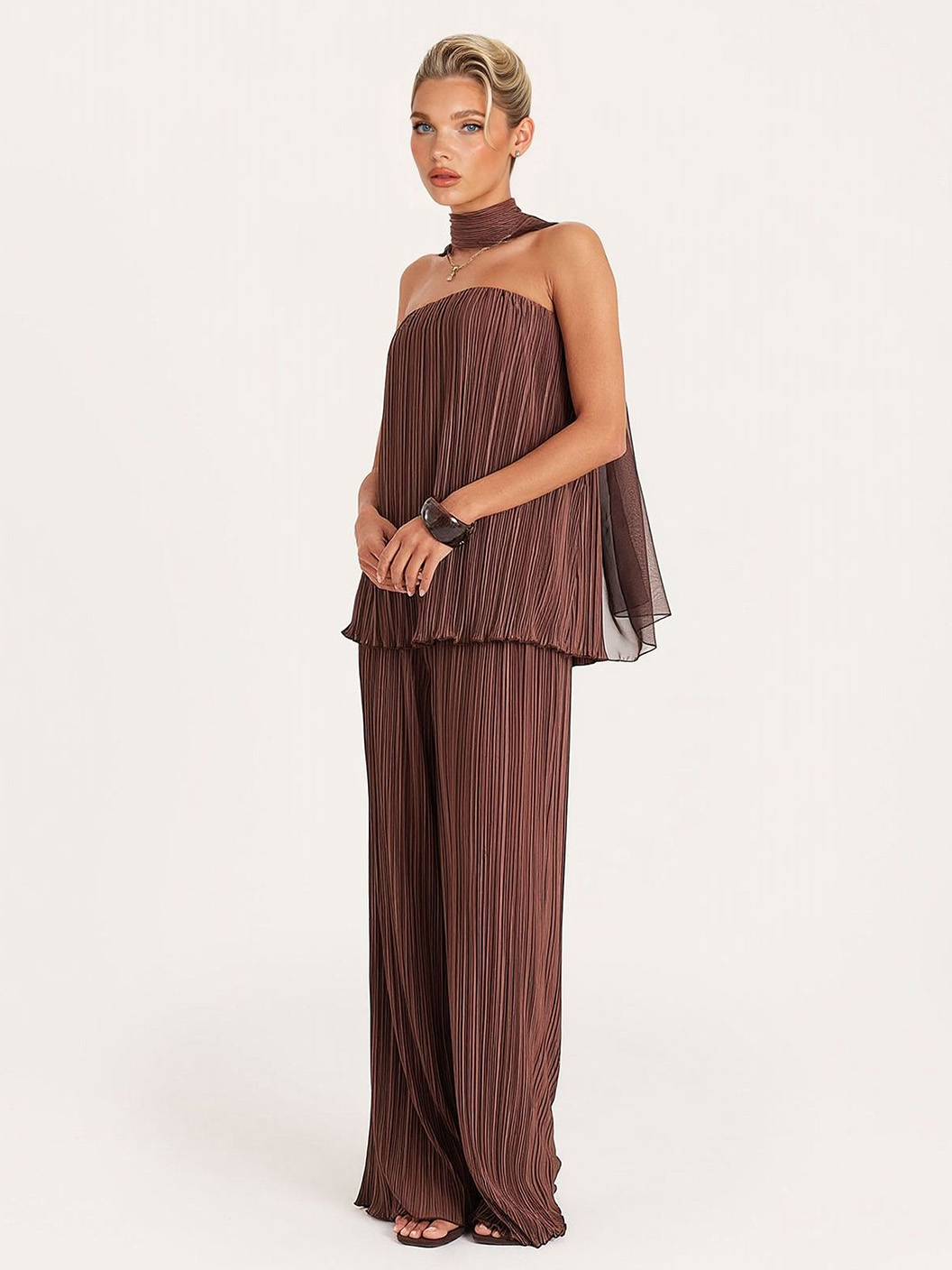 Minimalist Pleated Strapless Bandeau Top Two-Piece Set