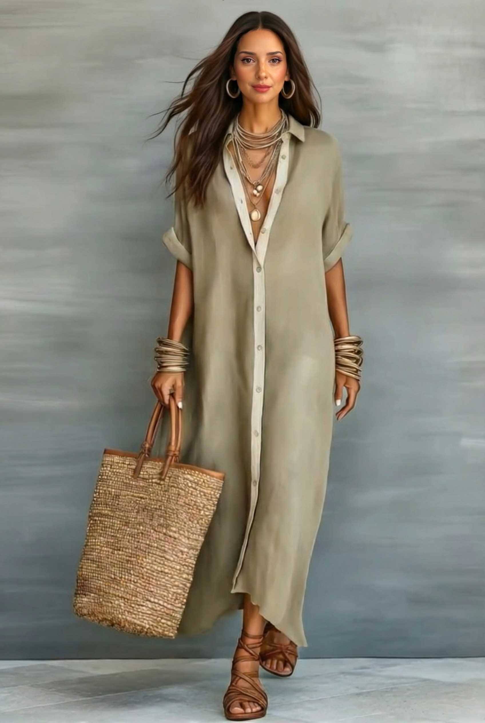 Color Contrast Loose Maxi Shirt Dress
