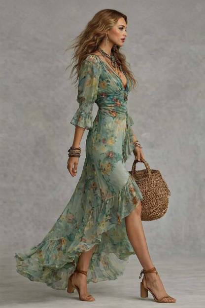 V-Neck Floral Printed Ruffled Hem Dress