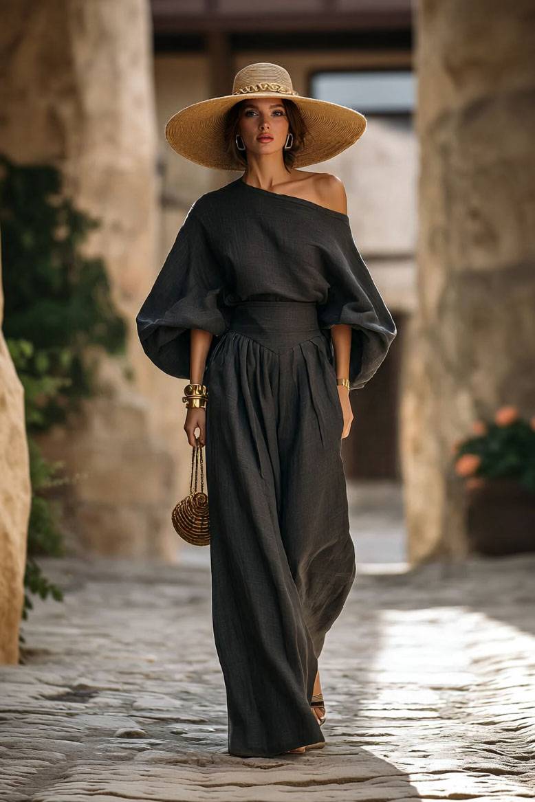 Off-shoulder Shirt And Wide-leg Pants Set