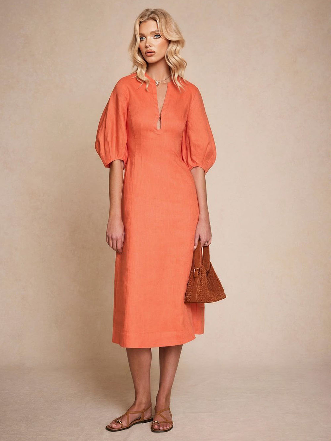 Exquisite Puff Sleeve A-Line Midi Dress