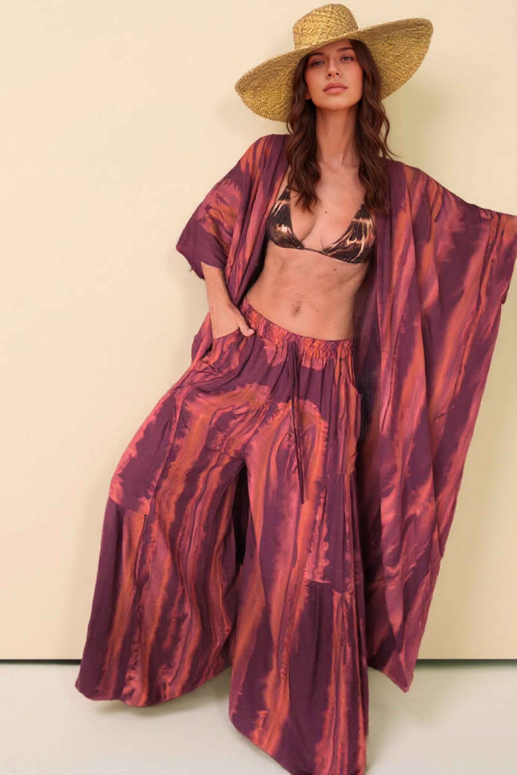 Printed Cardigan And Wide Leg Pants Set
