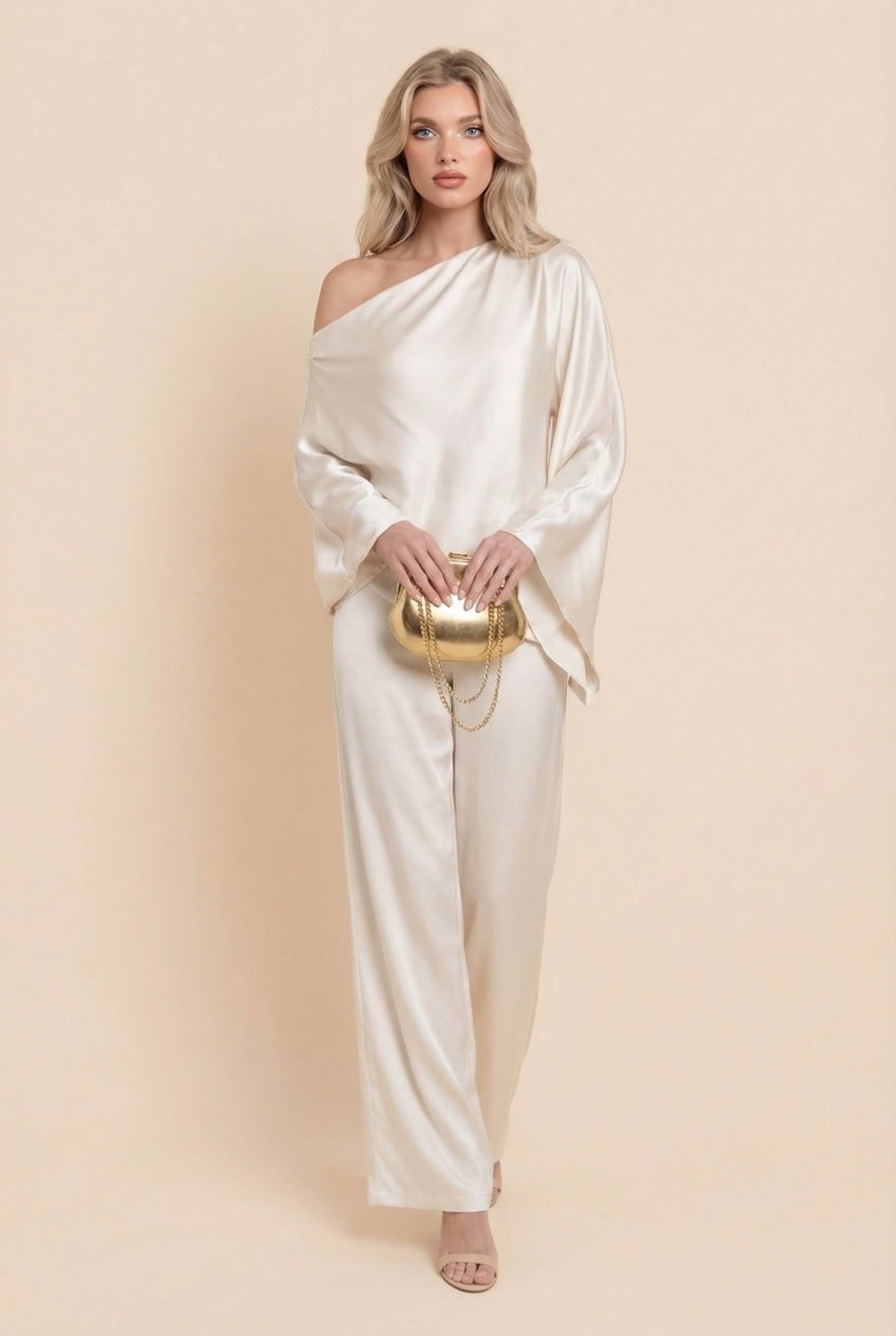 Off-Shoulder Asymmetric Shirt And Wide Leg Pants Set