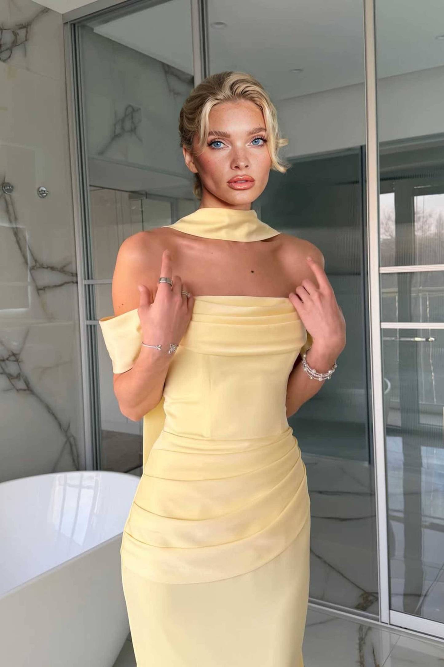 Off-Shoulder Pleated Scarf Maxi Dress