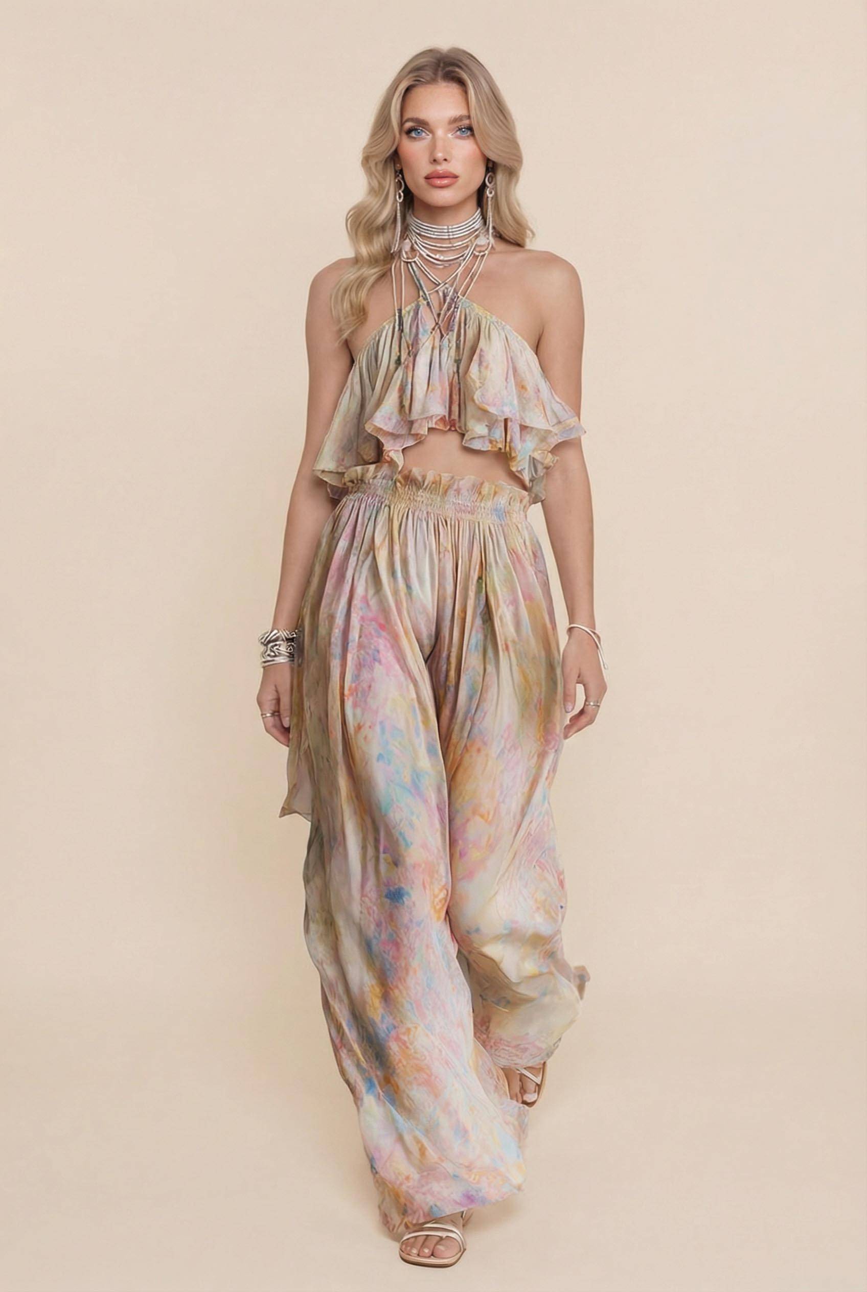 Printed Sling Top And Wide Leg Pants Set