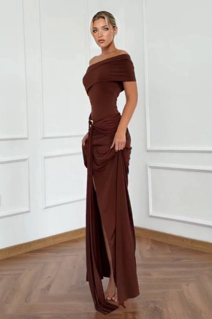 Slant-Shoulder Pleated Slit Maxi Dress