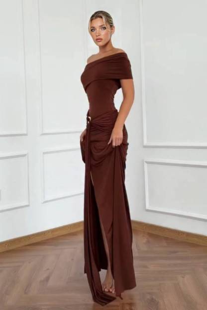 Slant-Shoulder Pleated Slit Maxi Dress