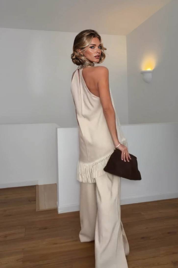 Halter-Neck Tassel Top And Wide Leg Pants Set