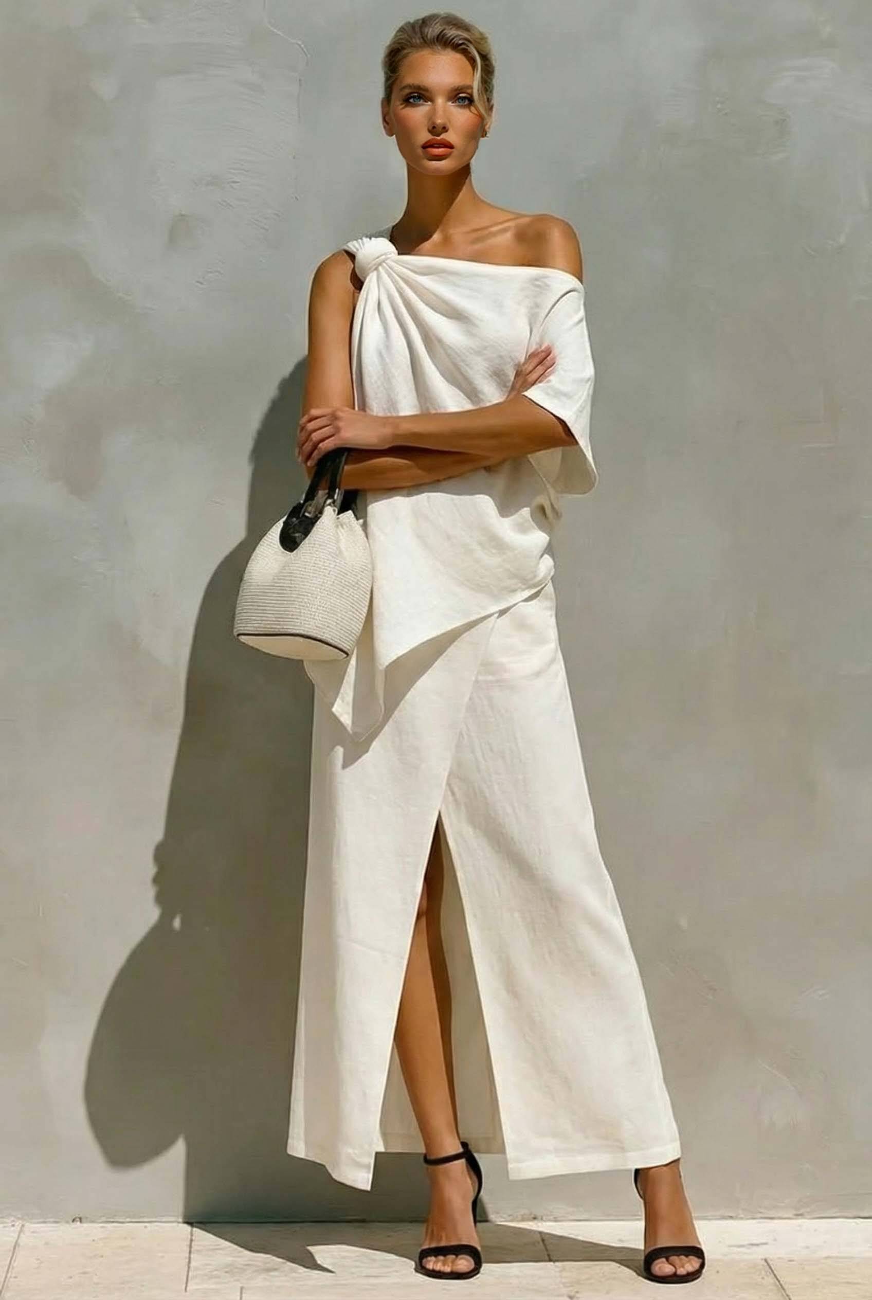 Off-Shoulder Top And Slit Skirt Suit