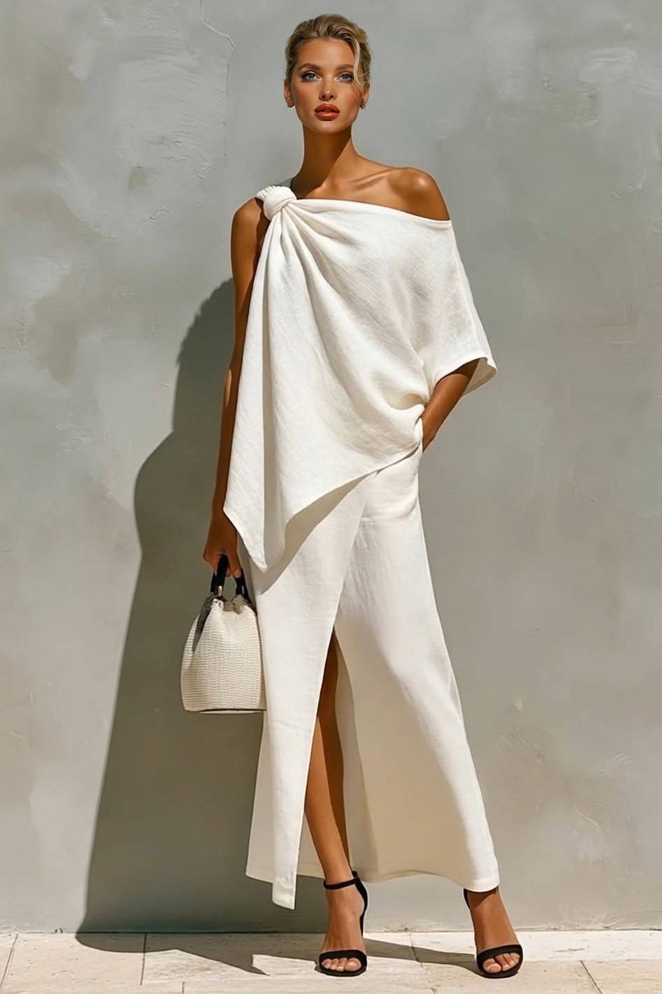 Off-Shoulder Top And Slit Skirt Suit