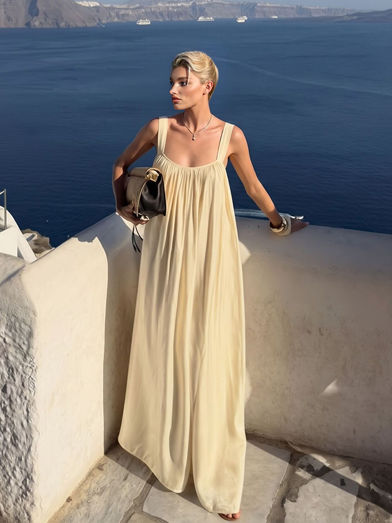 Elegant Satin Square Neckline Flowing Pleated Halter Dress