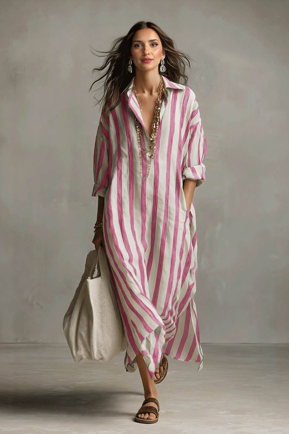 Deep V-Neck Stripe Printed Shirt Dress