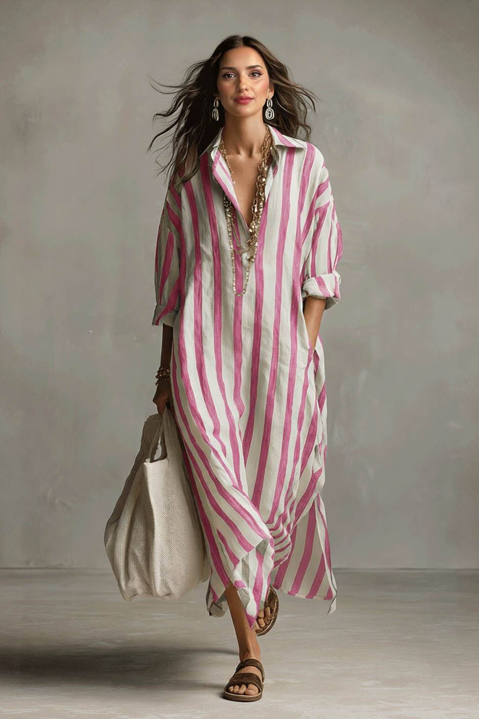 Deep V-Neck Stripe Printed Shirt Dress