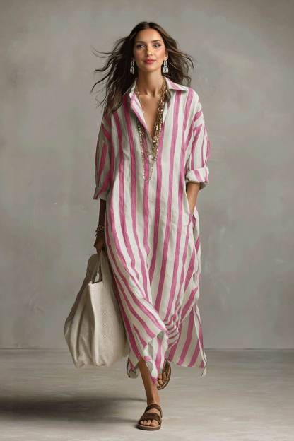 Deep V-Neck Stripe Printed Shirt Dress