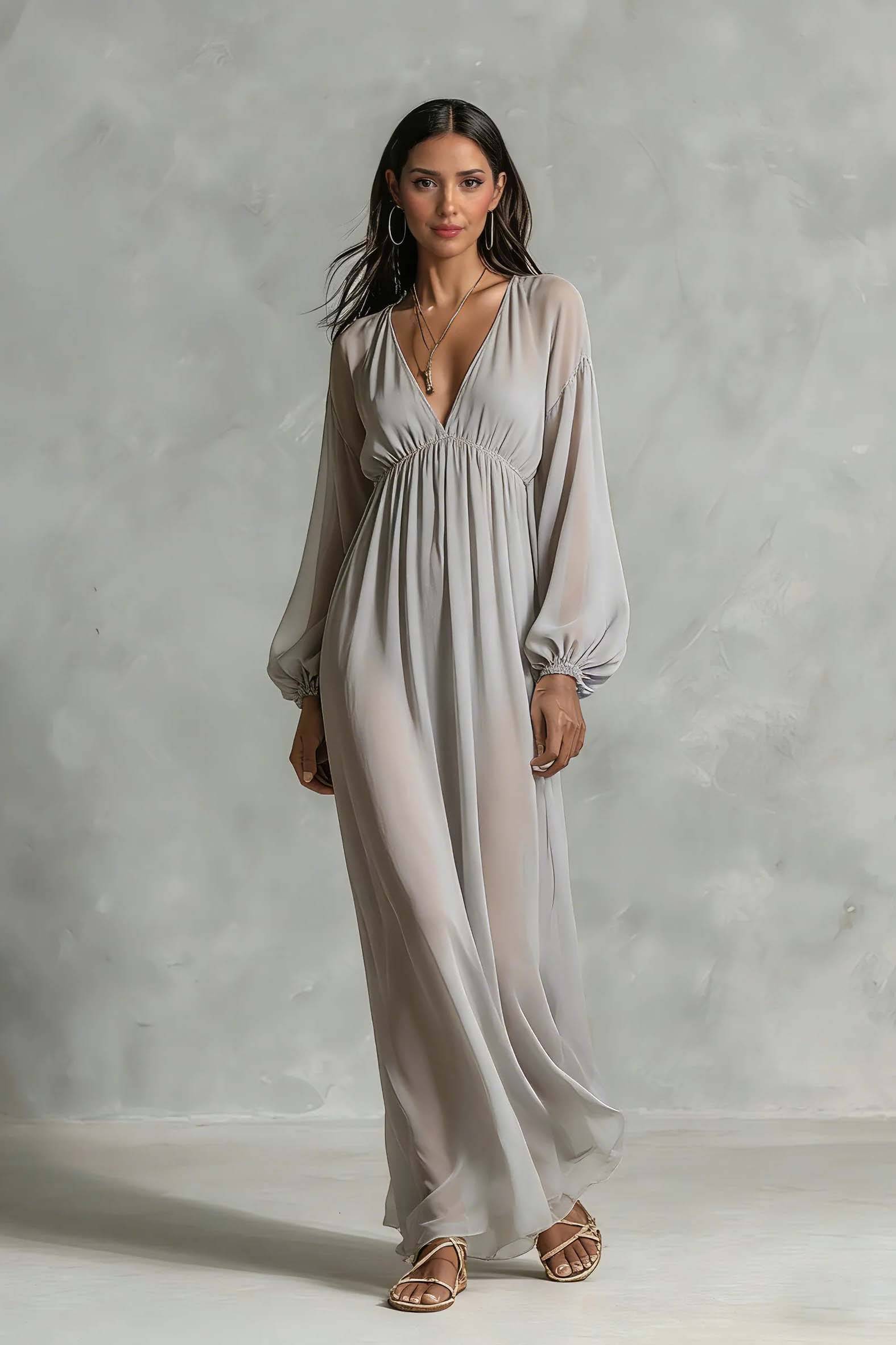 V-neck Long-sleeved Chiffon Maxi Dress
