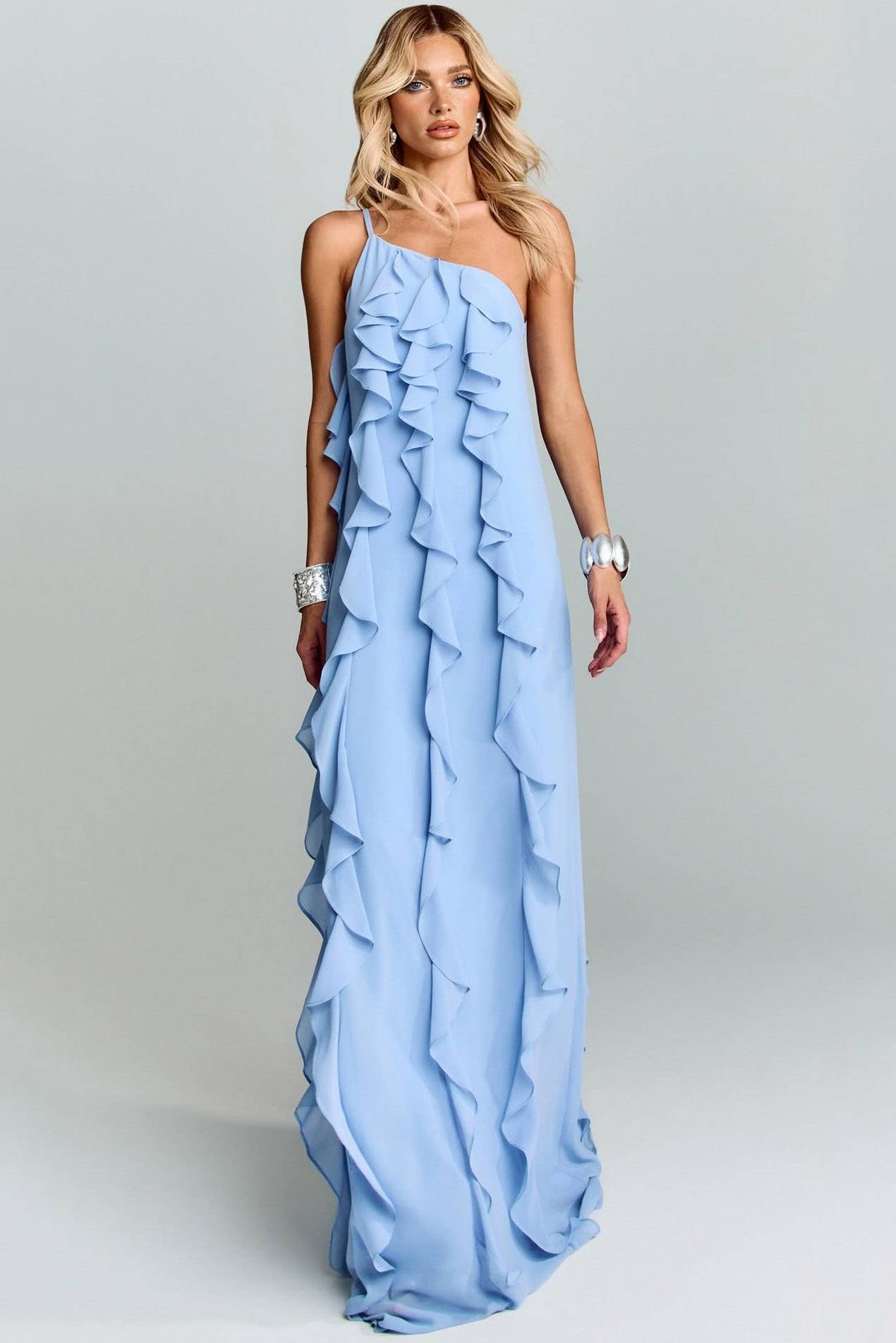 Slant Shoulder Ruffled Maxi Dress