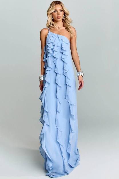 Slant Shoulder Ruffled Maxi Dress