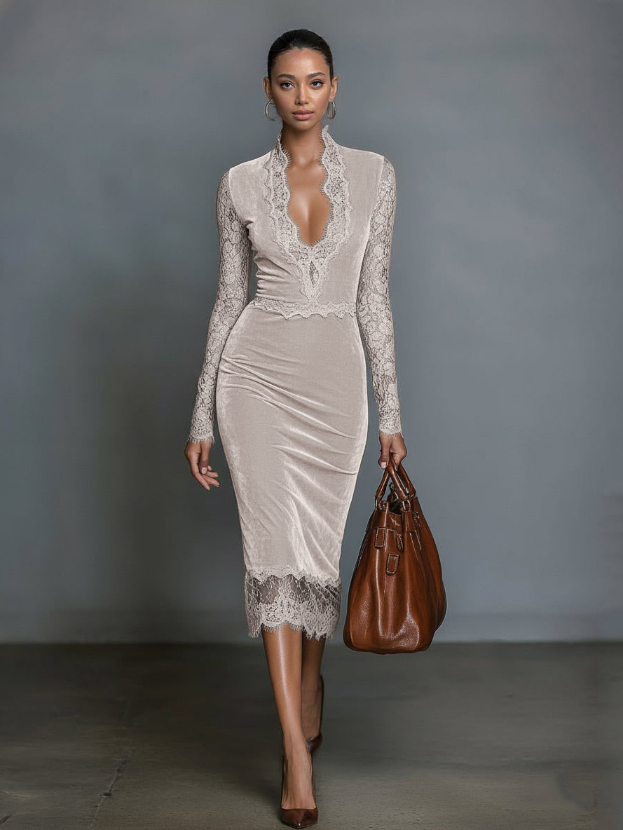 Elegant Velvet Fitted V-Neck Lace Midi Dress
