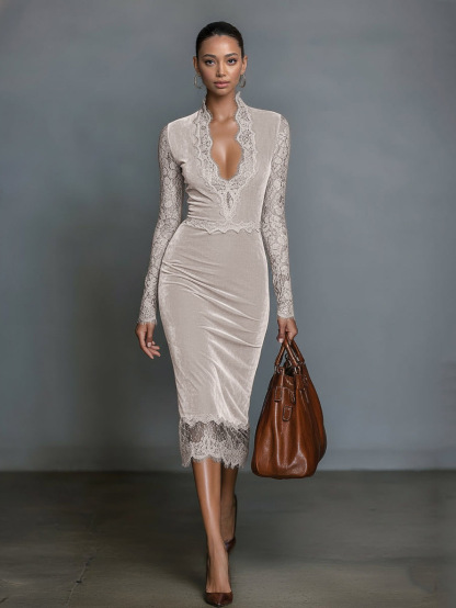 Elegant Velvet Fitted V-Neck Lace Midi Dress