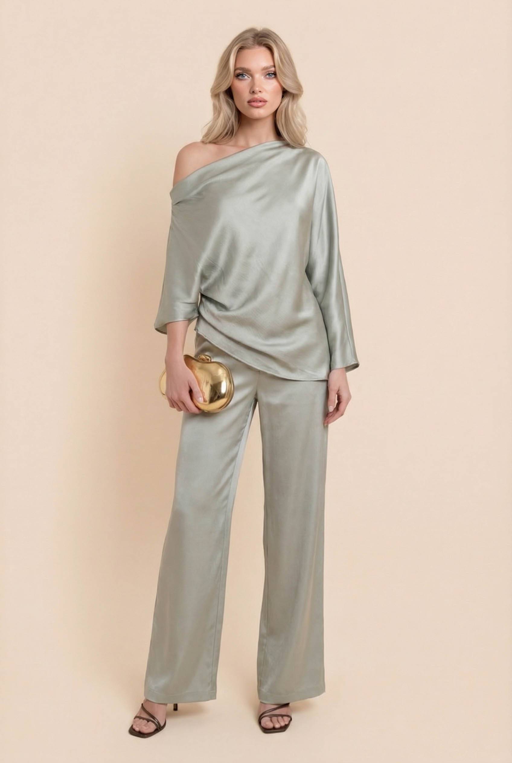 Off-Shoulder Asymmetric Shirt And Wide Leg Pants Set