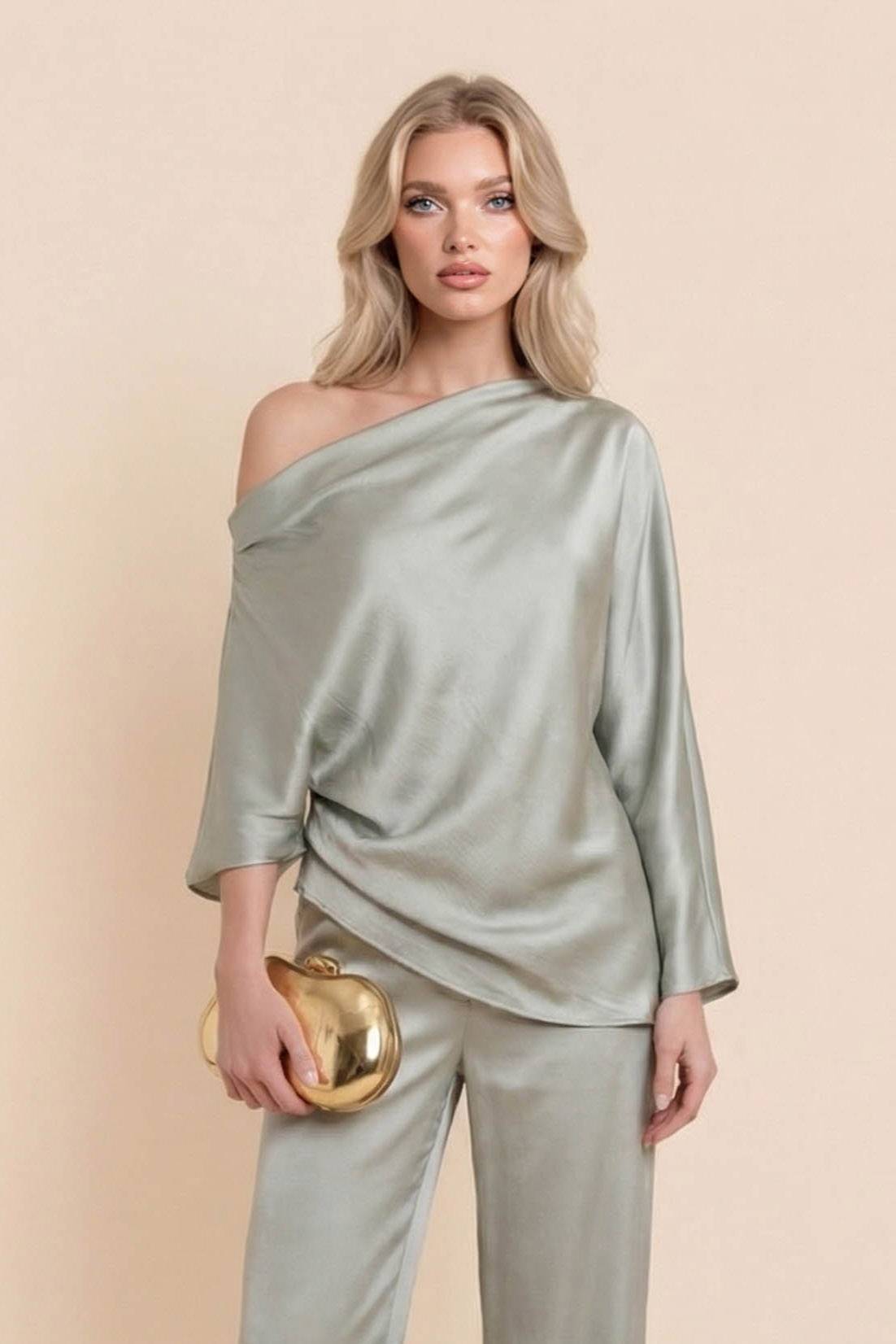 Off-Shoulder Asymmetric Shirt And Wide Leg Pants Set