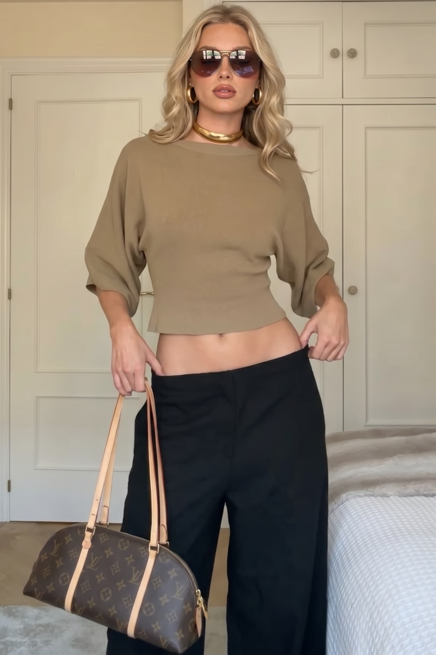 Lantern Sleeve Top And Wide-Leg Pants Set