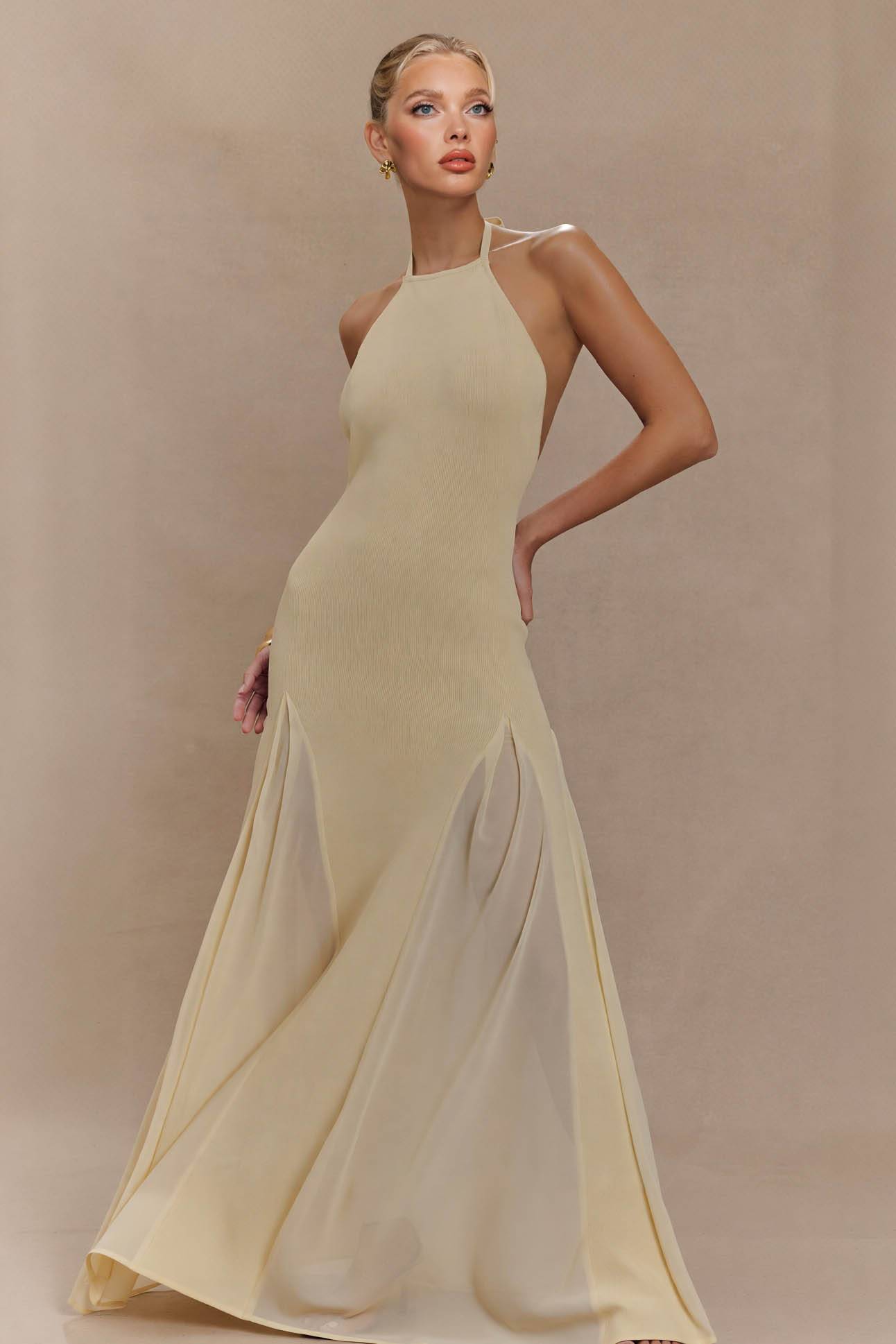 Halter-Neck Knit Tulle Spliced Maxi Dress