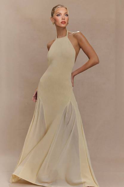 Halter-Neck Knit Tulle Spliced Maxi Dress