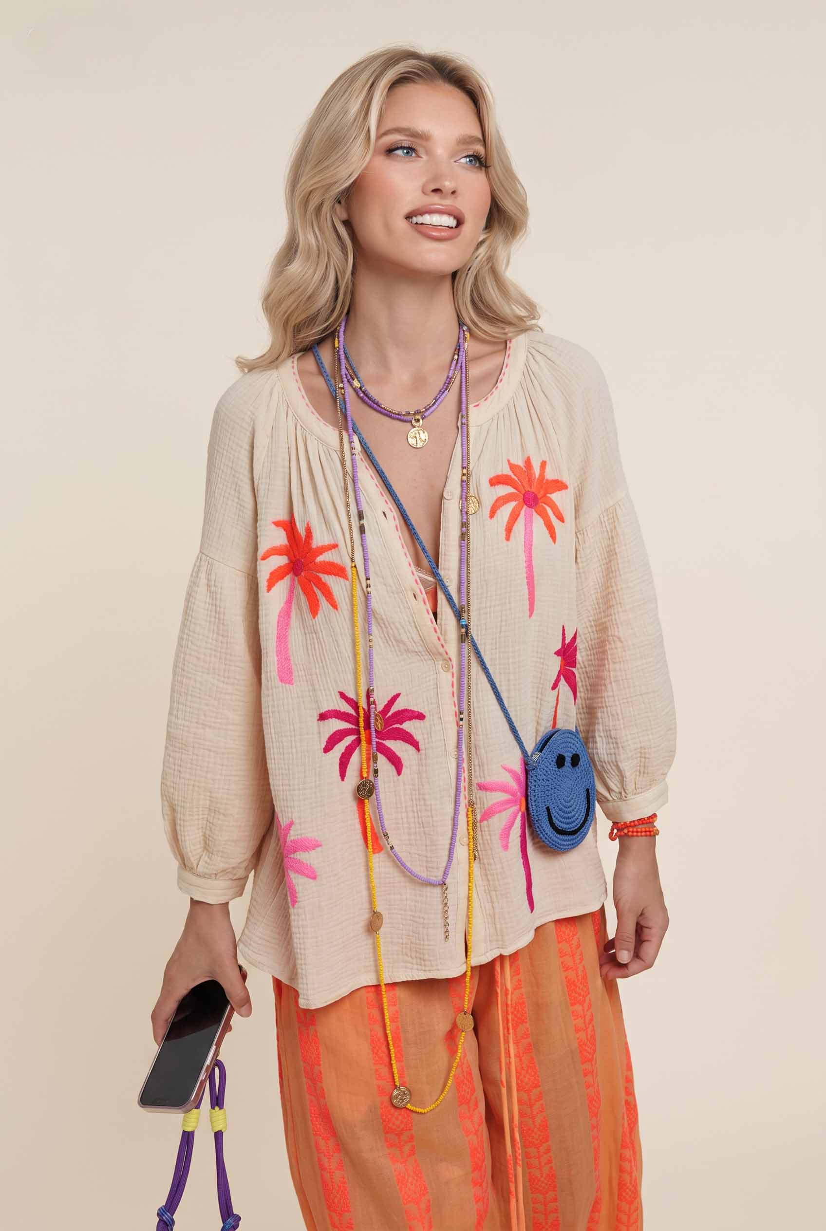 Flower Shirt And Striped Wide Leg Pants Set