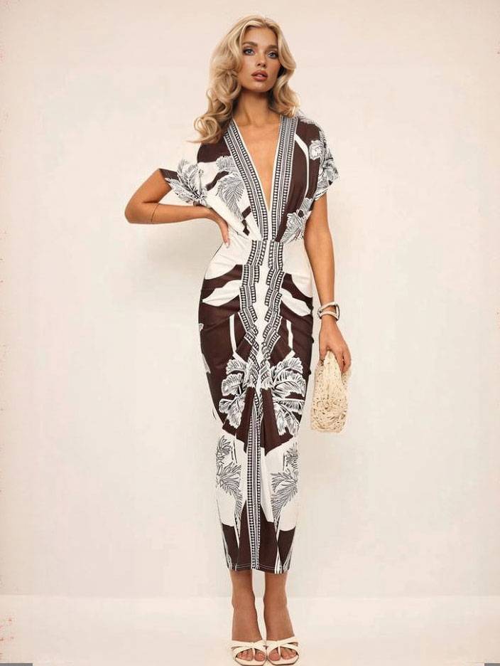 Distinctive Printed V-Neck Midi Dress