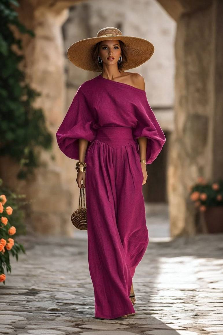 Off-shoulder Shirt And Wide-leg Pants Set