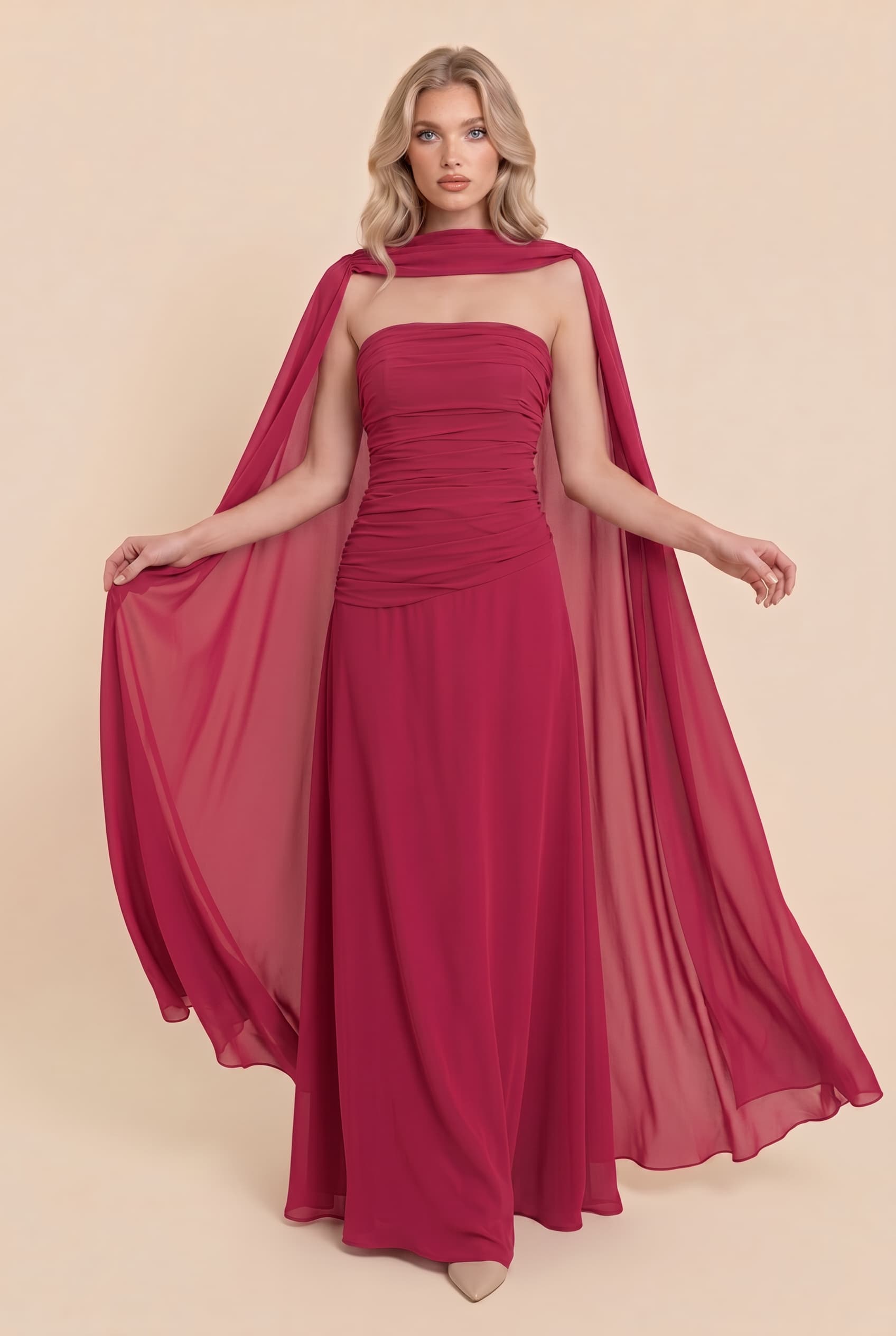 Pleated  Design Cape Maxi Dress