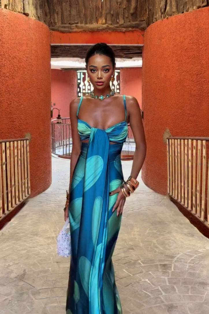 Printed Lace-Up Design Maxi Dress