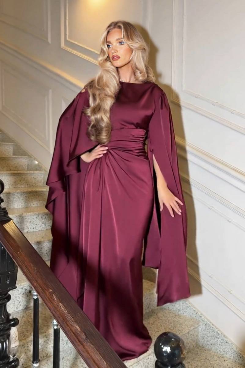 Boat Neck Pleated Satin Maxi Dress