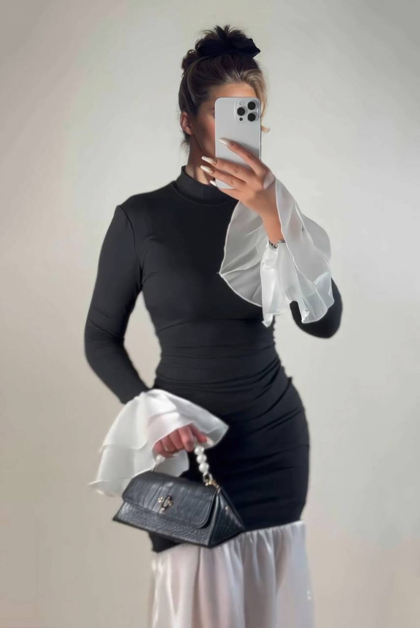 Color Contrast Fishtail Slim Fit Midi Dress