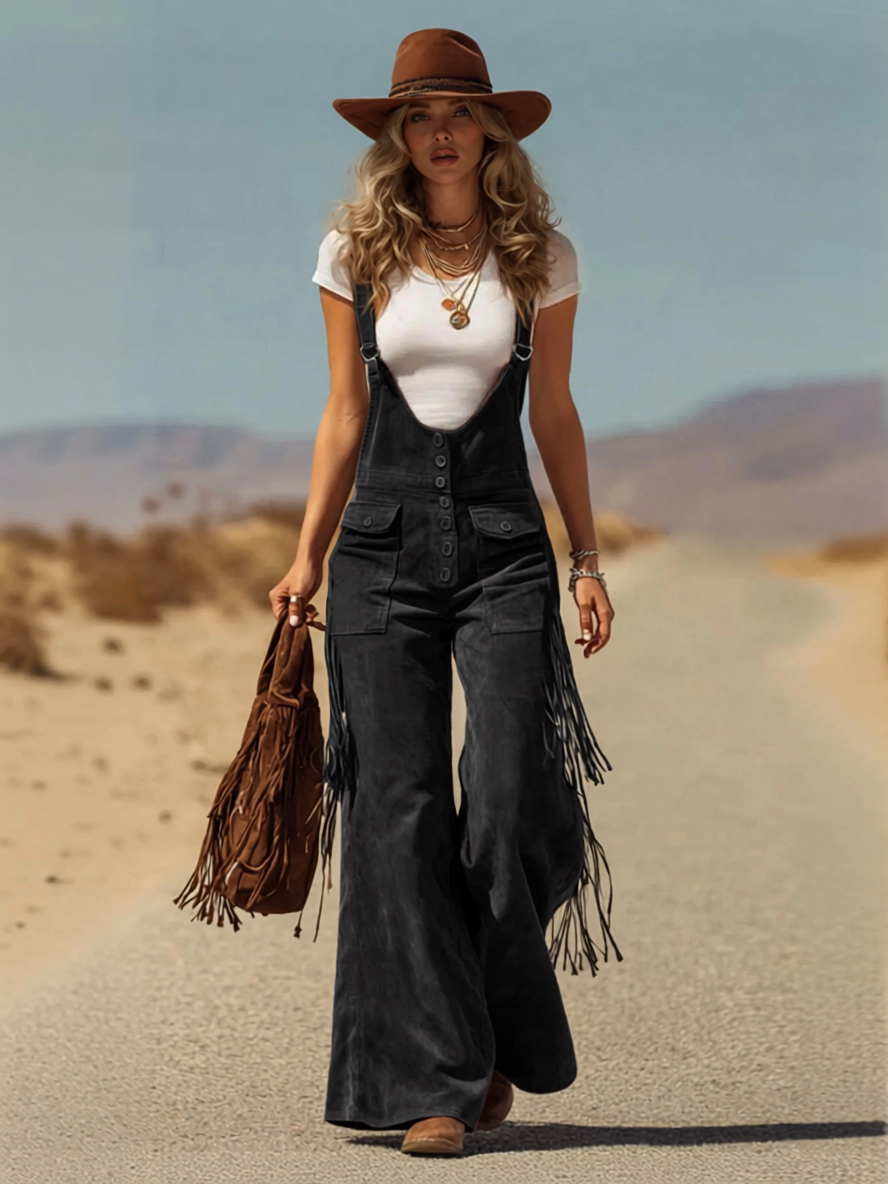 Retro Faux Suede Flared Overalls