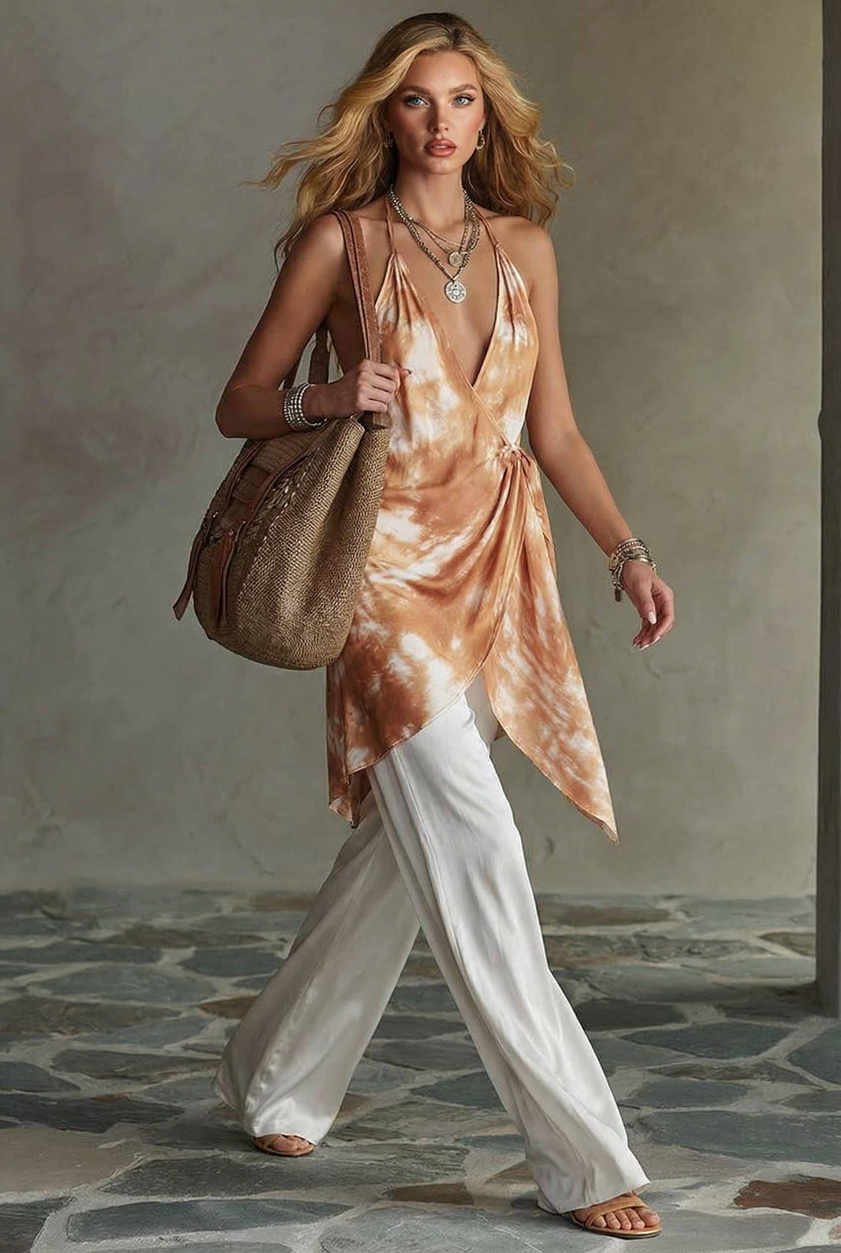 Halter-Neck Printed Top And Wide Leg Pants Set