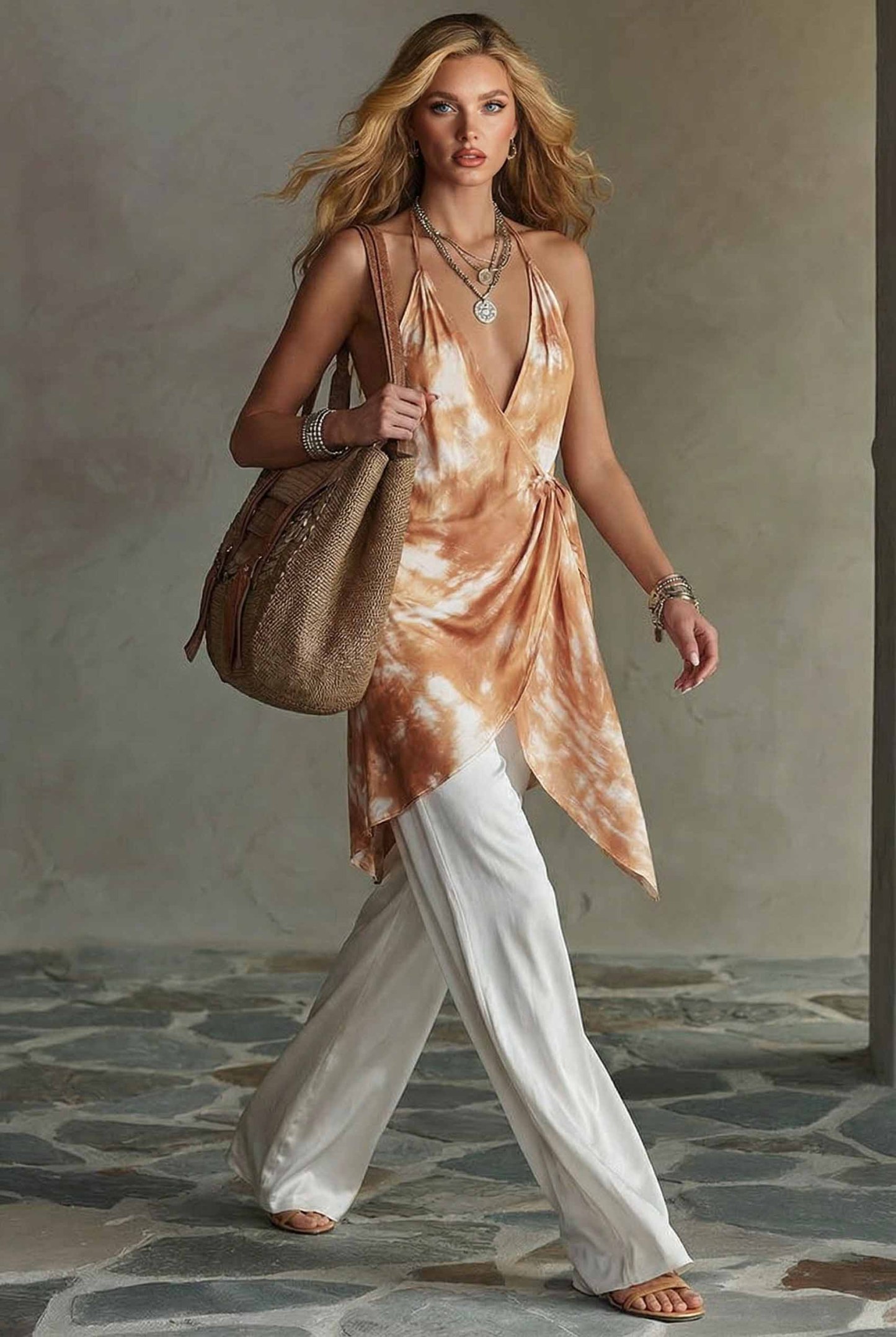 Halter-Neck Printed Top And Wide Leg Pants Set