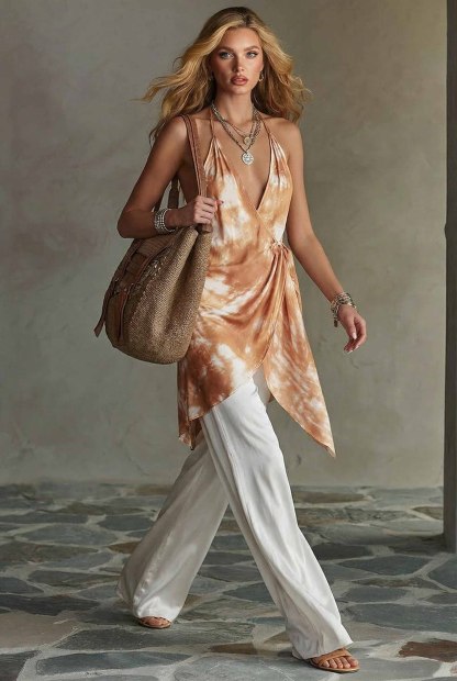 Halter-Neck Printed Top And Wide Leg Pants Set