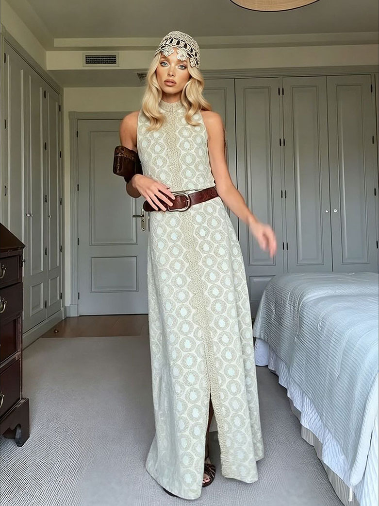 Elegant Geometric Print High Neck Slit Maxi Dress