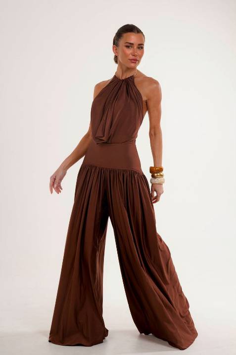 Halter-Neck Backless Bodysuit And Wide Leg Pants Set