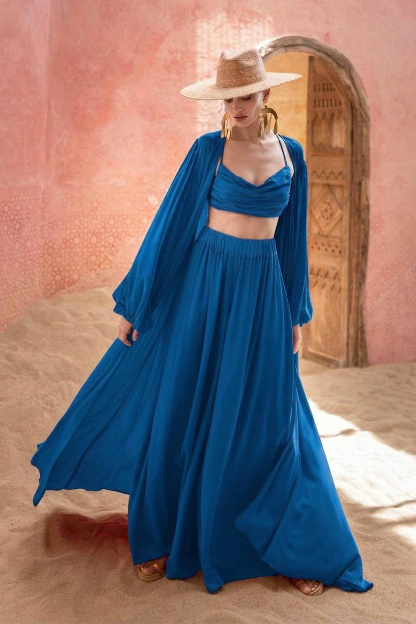 Sling Top And Wide-leg Pants and Jacket Three-piece Set