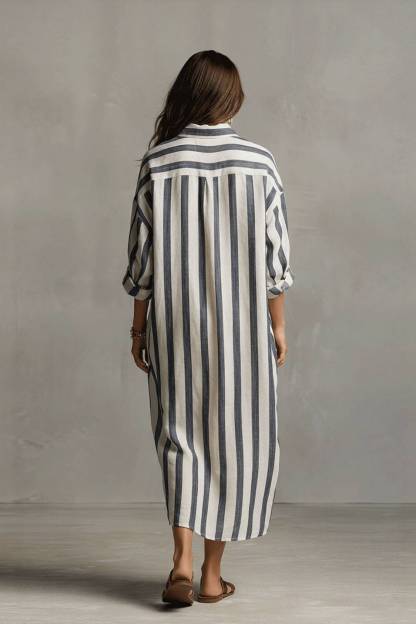 Deep V-Neck Stripe Printed Shirt Dress