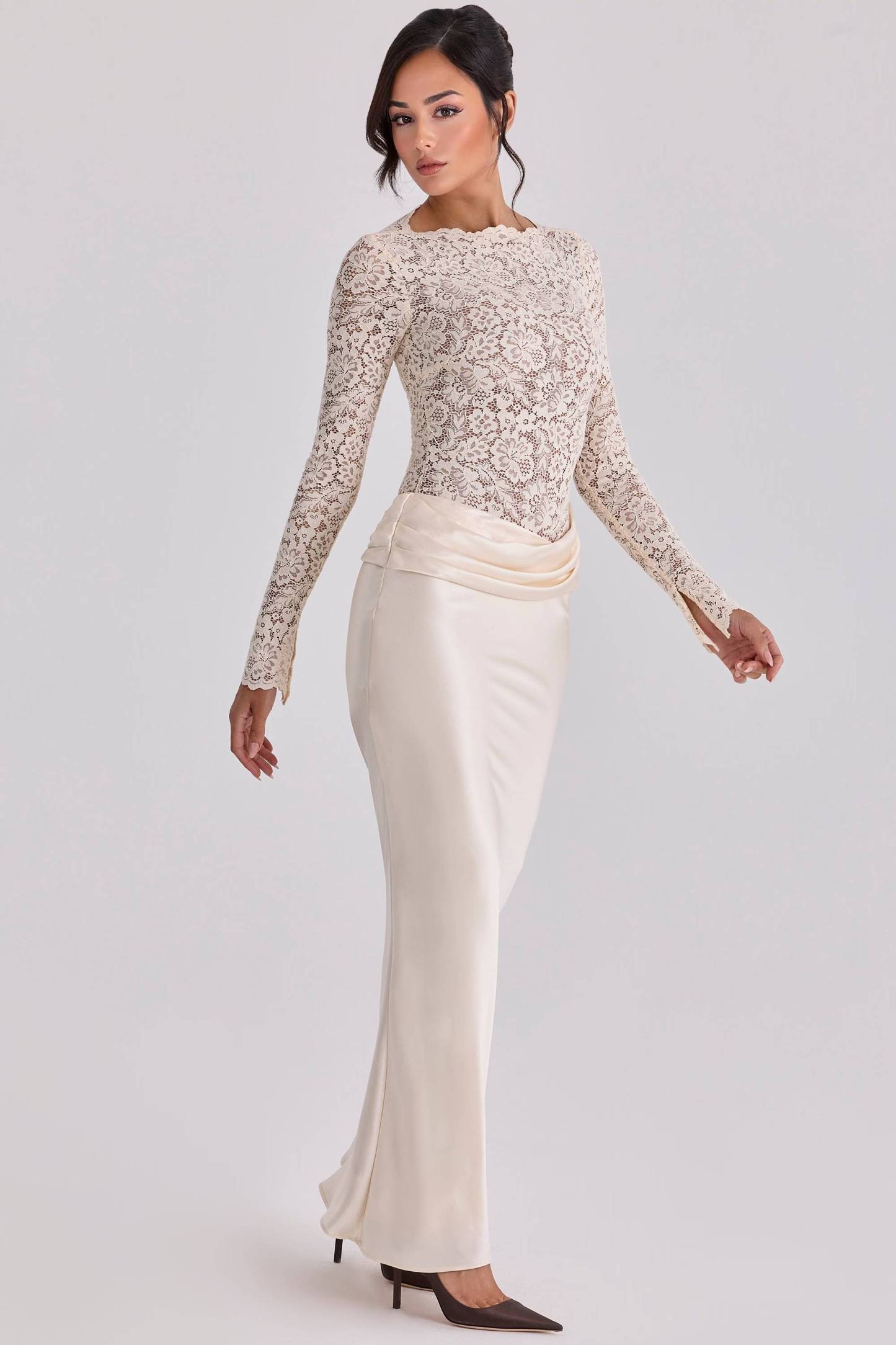 Lace Splicing Pleated Design Maxi Dress