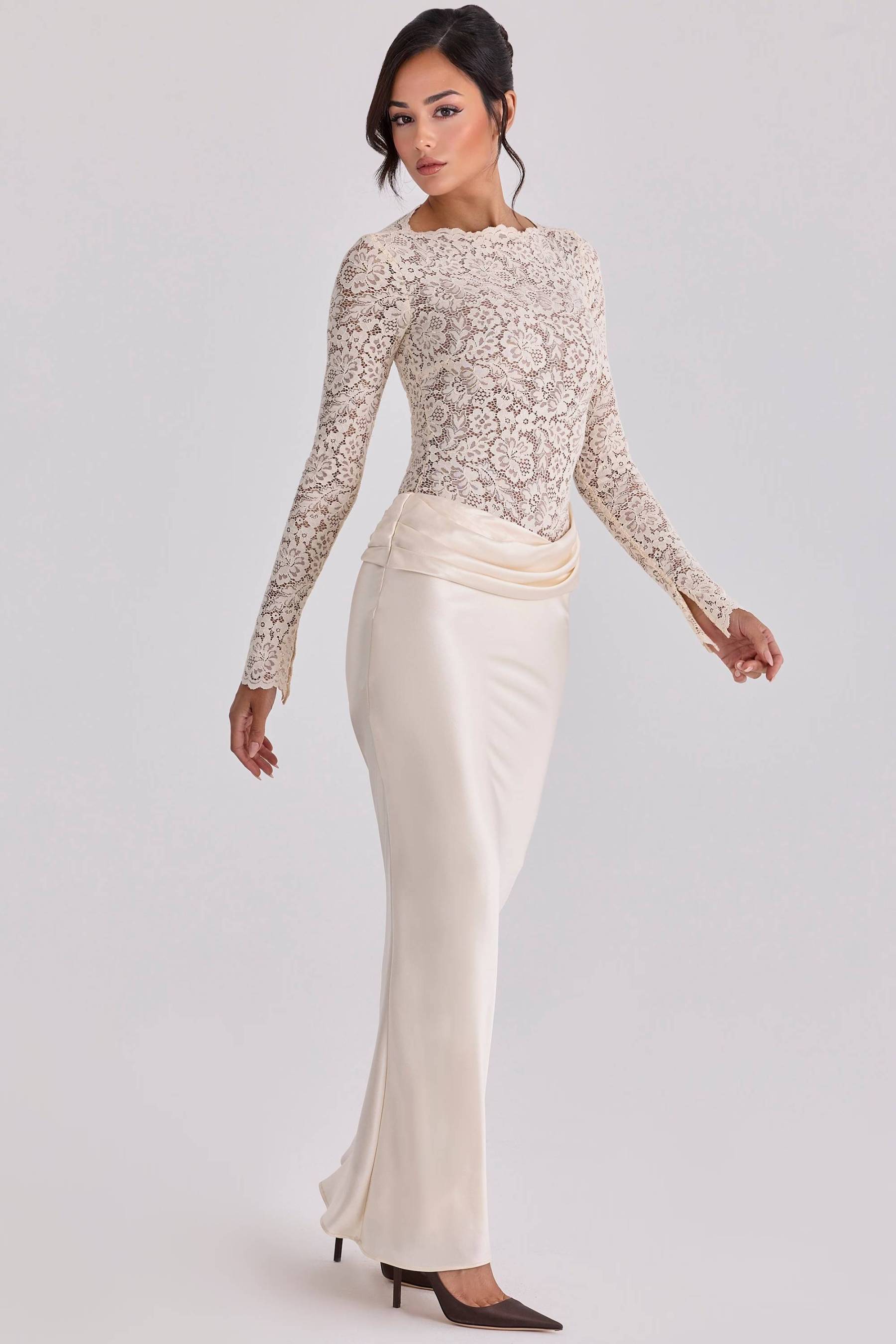 Lace Splicing Pleated Design Maxi Dress