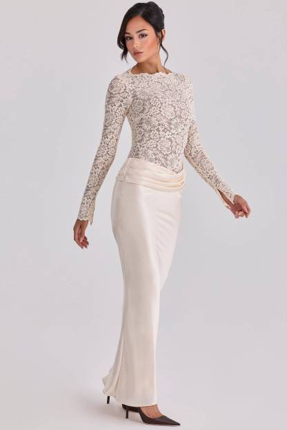 Lace Splicing Pleated Design Maxi Dress